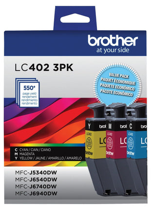 Brother Genuine LC402 3PK 3-Pack of Standard Yield Cyan, Magenta and Yellow Ink Cartridges, Black