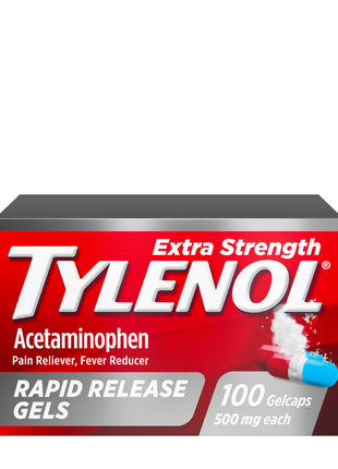 Tylenol Rapid Release Extra Strength Gelcaps, Acetaminophen 500 mg per Gel, Laser Drilled Holes Allow Fast, Strong Pain Relief, Fever Reducer, Gentle on Stomach, 100 Count Size