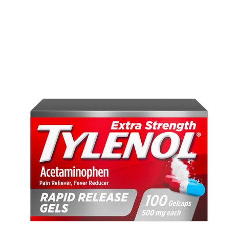 Tylenol Rapid Release Extra Strength Gelcaps, Acetaminophen 500 mg per Gel, Laser Drilled Holes Allow Fast, Strong Pain Relief, Fever Reducer, Gentle on Stomach, 100 Count Size