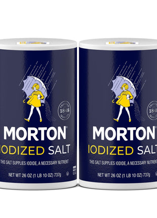 Morton Salt Iodized, All-Purpose Iodized Salt, 26 oz, 2-Pack | Table salt, a seasoning ingredient with no clumps and an easy-pour spout, a salt with iodine, perfect for cooking & table use