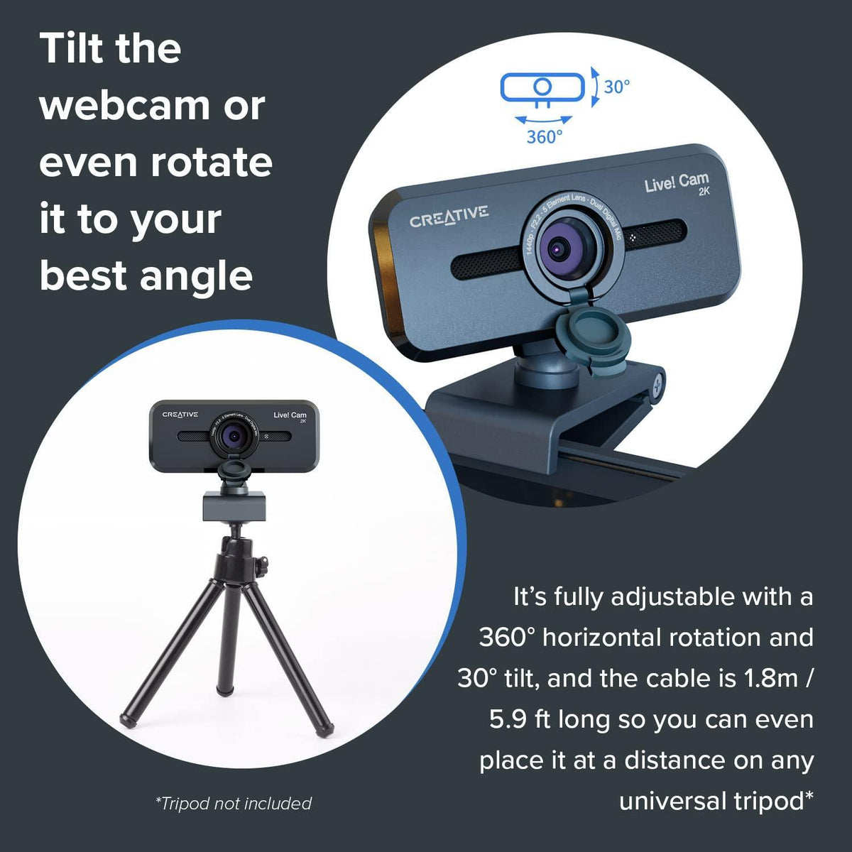 Creative Live! Cam Sync V3 2K QHD USB Webcam with 4X Digital Zoom (4 Zoom Modes from Wide Angle to Narrow Portrait View), Privacy Lens, 2 Mics, for PC and Mac…