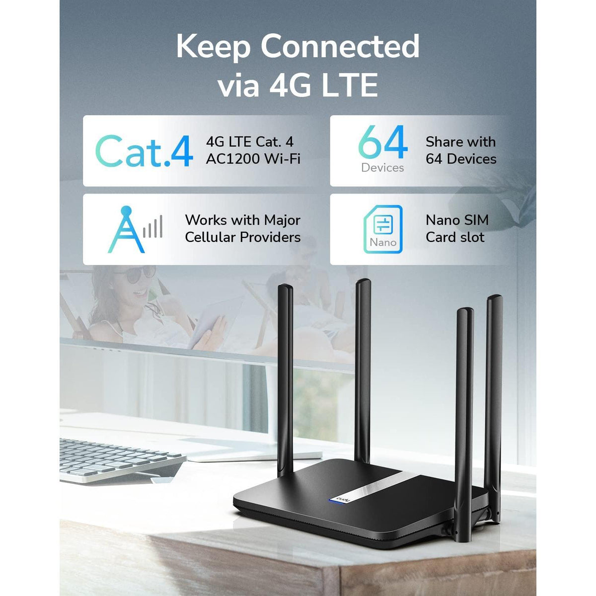 Cudy AC1200 Dual Band Unlocked 4G LTE Modem Router with SIM Card Slot, 1200Mbps Mesh WiFi, 5dBi High Gain Antennas, DDNS, VPN, Cloudflare, LT500