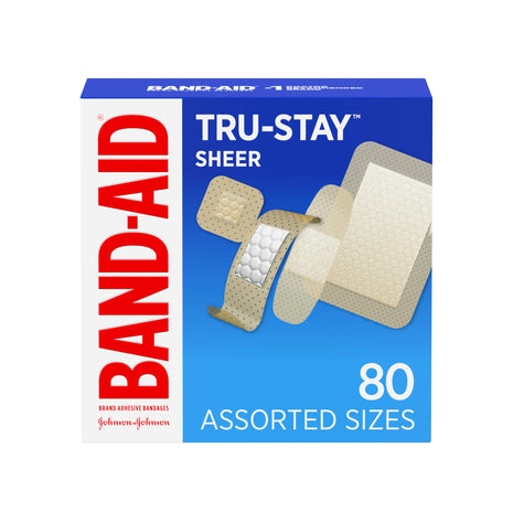 Band Aid Brand Tru Stay Sheer Strips Adhesive Sterile Bandages for First Aid & Wound Protection, Individually Wrapped Wound Care Bandages for Minor Cuts & Scrapes, Assorted Sizes, 80 ct