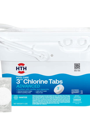 HTH 42052W Pool Care 3 inch Chlorine Tabs Advanced, Individually Wrapped Tablets - Swimming Pool Sanitizer with Clarifier & Algaecide, Destroys Bacteria & Algae, Delivers Clear Water All Season, 5 lbs