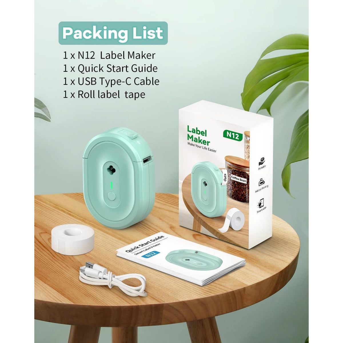 NDYIN Label Maker Machine with Tape, N12 Portable Bluetooth Label Printer, Wireless Mini Label Makers Thermal Sticker with Multiple Templates for Home, Kitchen, School, Office Organization, Green