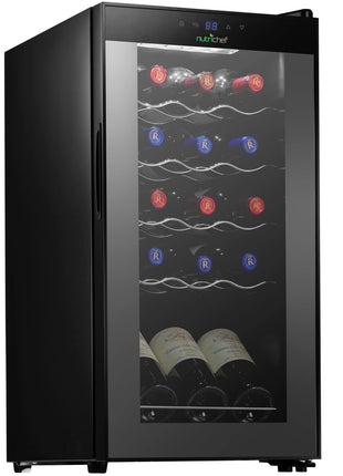 NutriChef Compressor Refrigerator White & Red Chiller Countertop Cooler-Freestanding Compact Mini Wine 15 Bottle Capacity, Digital, Glass Door, Black, Quiet Operation Fridge Touch Temperature Control