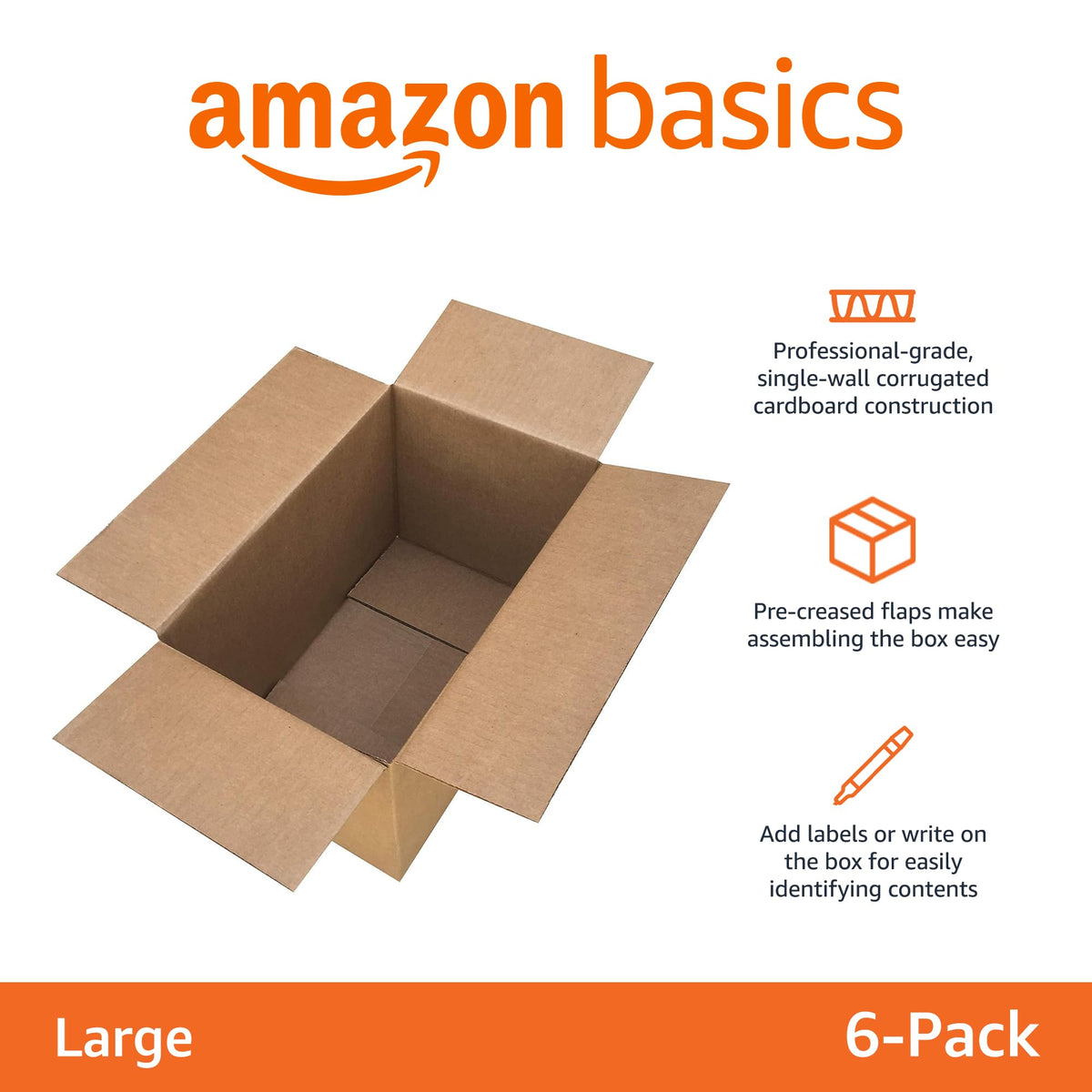 Amazon Basics Cardboard Moving Boxes - 6-Pack, Large, 20" x 20" x 15", Brown