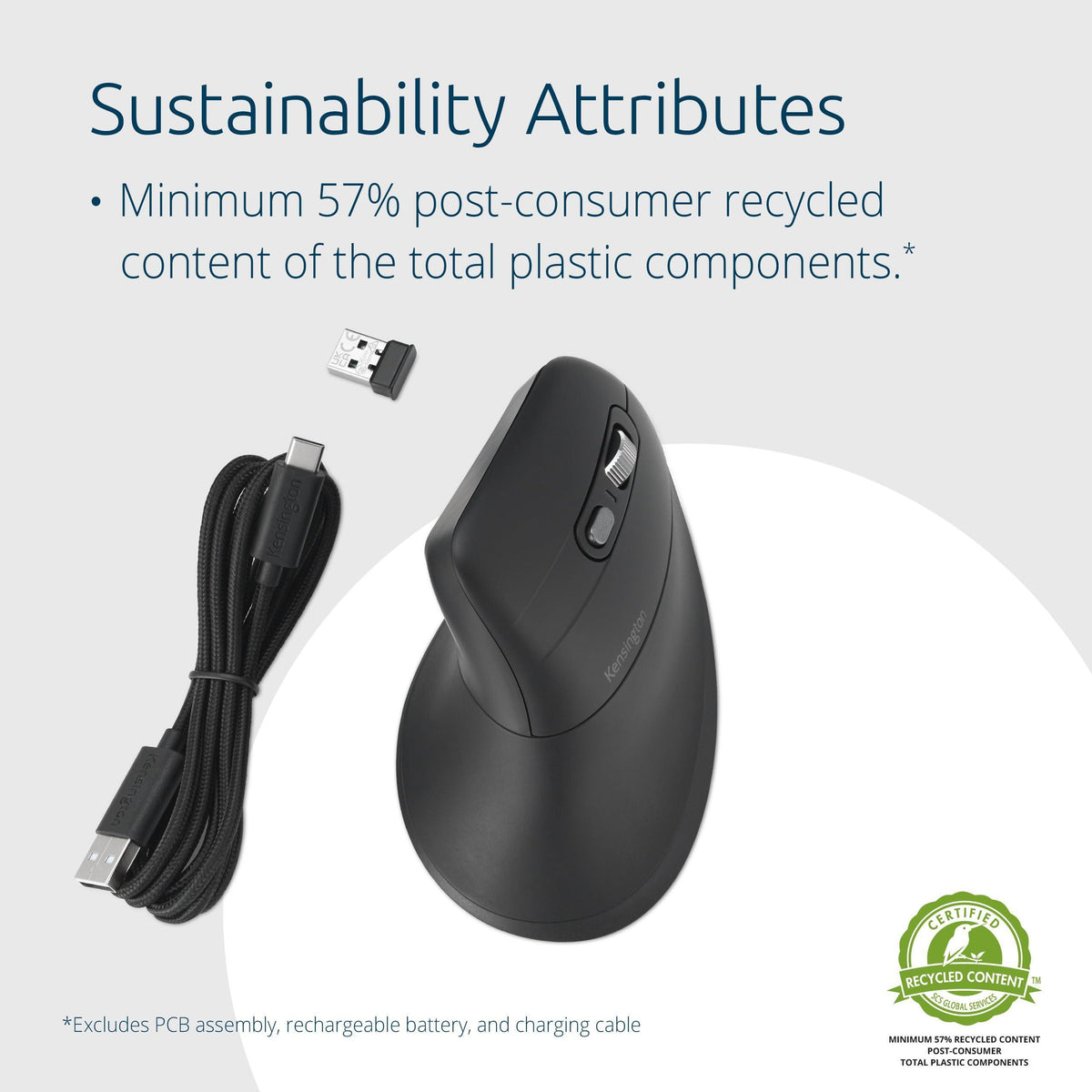 Kensington MY630 EQ Wireless Rechargeable Mouse, Ergonomic Vertical Design, Bluetooth LE, 2.4GHz, Black (K72484NA)