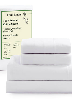 LANE LINEN Queen Sheets 100% Organic Cotton 4pc Percale Cooling - White | Queen Sheet Set, GOTS Certified Organic Cotton Percale - Crisp, Cool & Breathable, For Hot Sleepers, All-Season Comfort