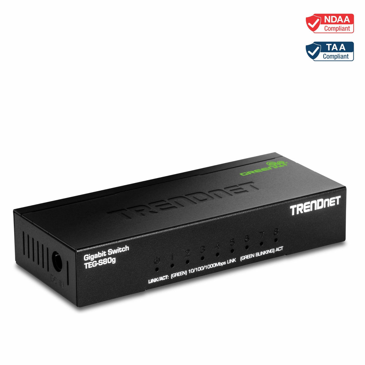 TRENDnet 8-Port Mini Gigabit Switch, TEG-S80g, Ethernet Splitter, NDAA + TAA Compliant, Desktop Metal Ethernet Network Switch, 8 x Gigabit Ports, Fanless, Lifetime Protection, Black