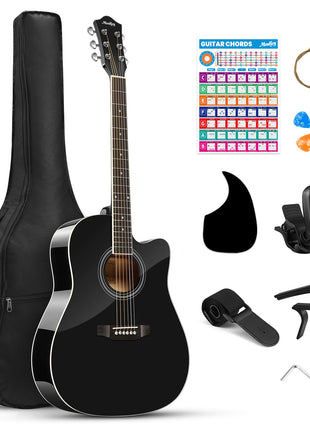 Moukey 41 inch Acoustic Guitar for Beginners Adult Teen Full Size Guitarra Acustica with Chord Poster, Gig Bag, Tuner,Steel Strings, Capo, Strap   Black