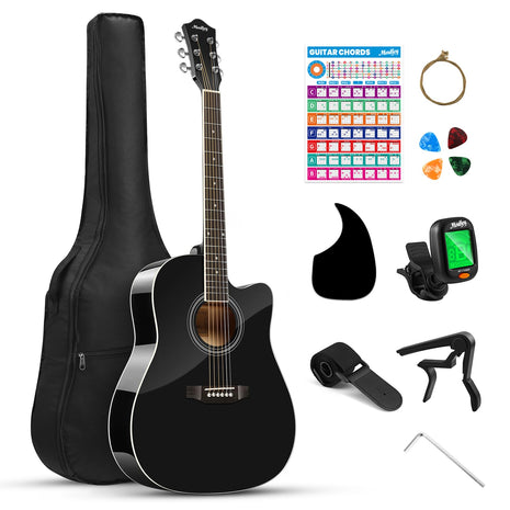 Moukey 41 inch Acoustic Guitar for Beginners Adult Teen Full Size Guitarra Acustica with Chord Poster, Gig Bag, Tuner,Steel Strings, Capo, Strap   Black