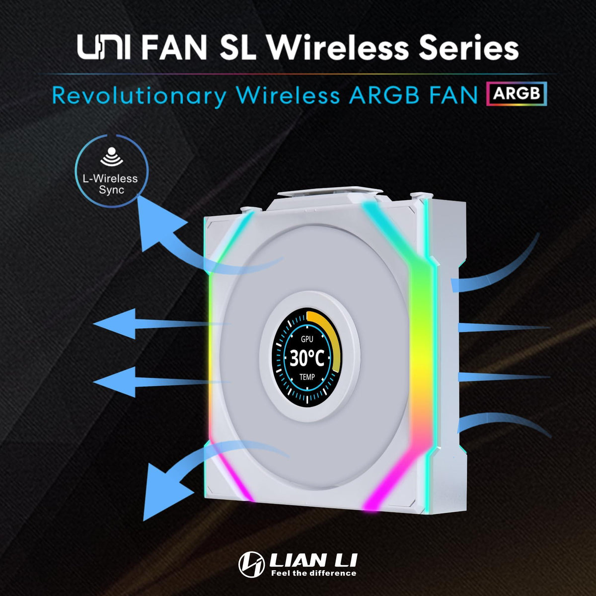 Lian Li UNI Fan SL LCD Wireless (Reverse Blade) 120mm ARGB Fan - Triple Pack - 1.6" LCD Display - 2.4 GHz Wireless Signal for RGB & Fan Control - Controller Included & Required - White(12RSLLCD1W3W)