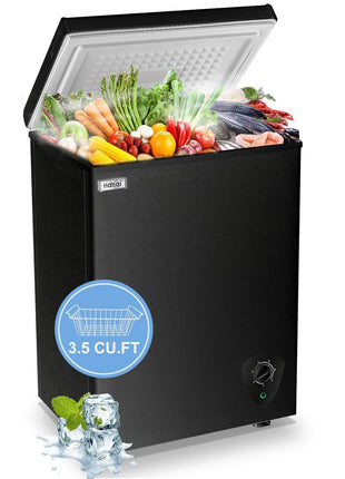 Deep Chest Freezer 3.5 Cu.Ft Mini Freezer Black for Apartment Kitchen | Free-Standing Top Door, 7 Level Adjustable Thermostat, Removable Basket, Low Noise