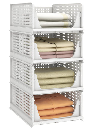 Pinkpum Stackable Plastic Storage Basket, Foldable Closet Organizers, Drawer Shelf Storage Container/Bins for Wardrobe Kitchen Bathroom Office Dorm, White, 4 Packs