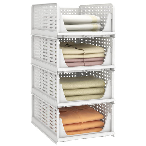 Pinkpum Stackable Plastic Storage Basket, Foldable Closet Organizers, Drawer Shelf Storage Container/Bins for Wardrobe Kitchen Bathroom Office Dorm, White, 4 Packs