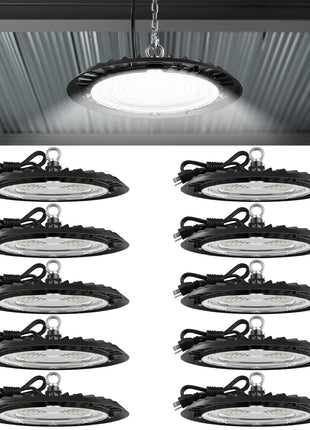 Sunco 10 Pack UFO LED High Bay Light, 150W, 19500 Lumens, 5000k Ultra Bright Commercial Shop Lights for Warehouse, Factory, Workshop, Garage & Barn, Ceiling Mount, Plug & Play, 120V, UL