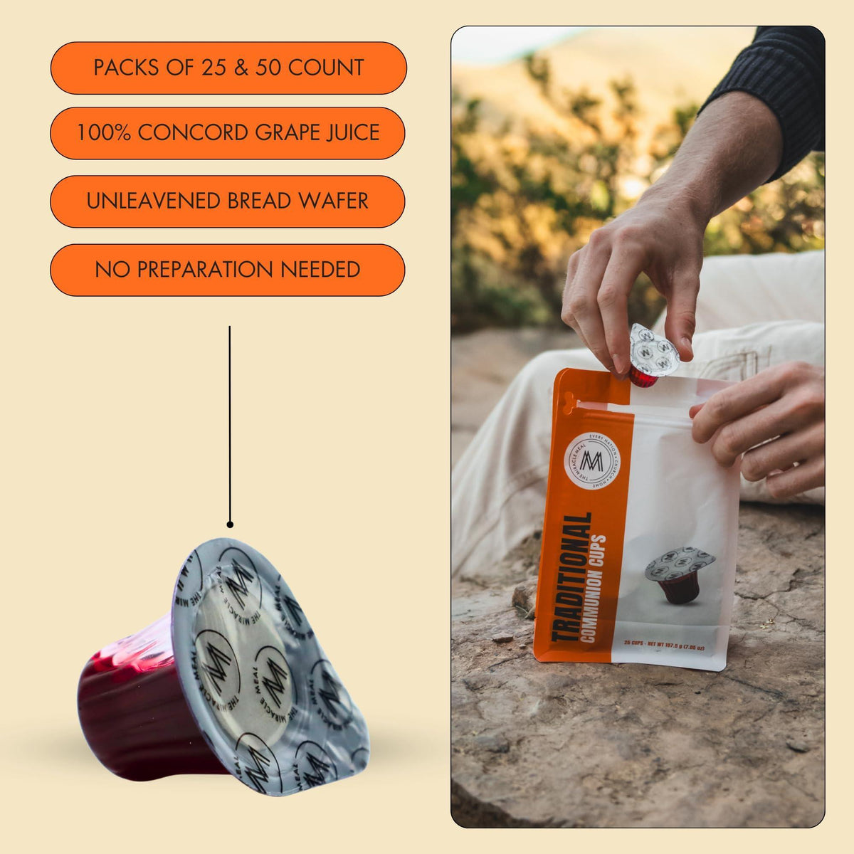 Travel Pack - The Miracle Meal Pre-Filled Traditional Communion Cup - Bag of 25 with Wafer and 100% Concord Grape Juice