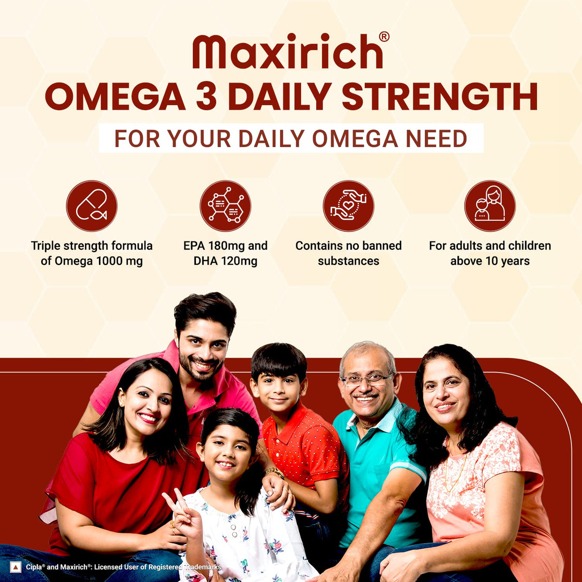 Cipla Maxirich Omega 3 | Daily Strength Capsule | EPA 180mg | DHA 120mg | Immune Booster Capsules | Daily Multiple Vitamins | Supports Heart, Eye, Joint & Brain Health | 60 Capsules