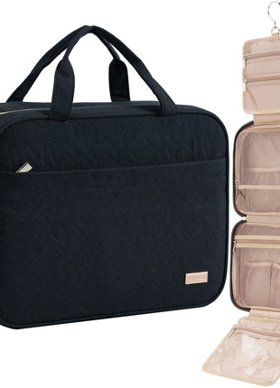 NISHEL Travel Toiletry Bag for women, Portable Hanging Organizer for Full-Sized Shampoo, Conditioner, Brushes Set, Makeup Accessories, Large Size, Black