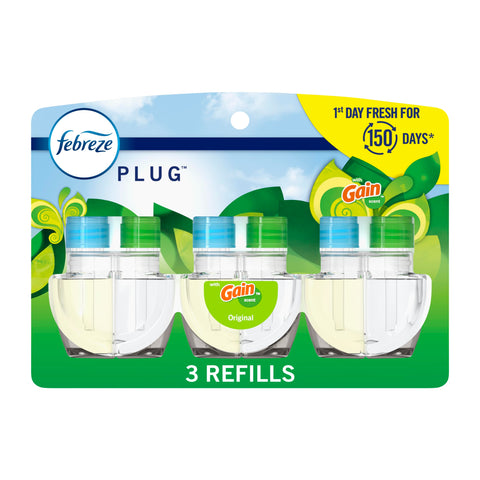 Febreze Plug In Air Freshener, Odor-Fighting Scented Oil Refill, Air Fresheners for Home and Bathroom and Kitchen, Long Lasting for Strong Odors, Gain Original Scent, 0.87oz Refills, 3 Count
