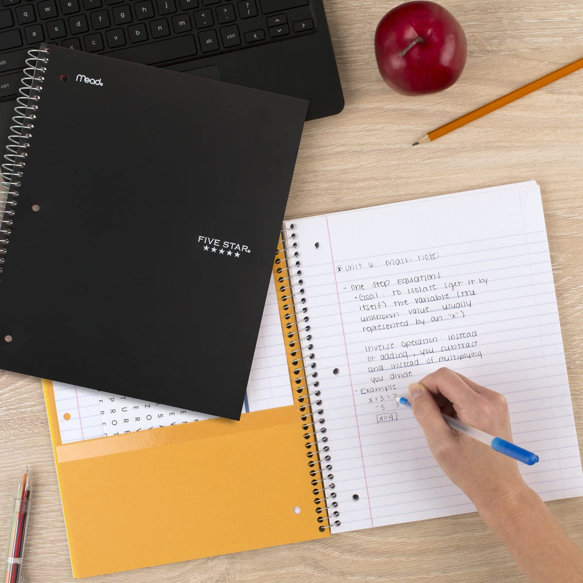 Five Star Spiral Notebook + Study App, 5 Subject, College Ruled Paper, 8-1/2" x 11", 200 Sheets, Fights Ink Bleed, Water Resistant Cover, Black (72081)