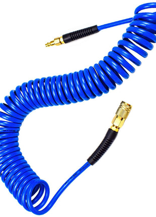 YOTOO Polyurethane Recoil Air Hose, Air Compressor Hose 1/4" Inner Diameter by 25' Long with Bend Restrictor, 1/4" Industrial Quick Coupler and Plug, Blue