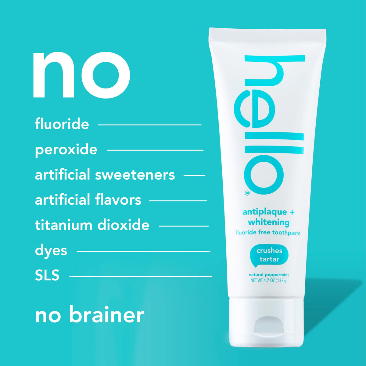 Hello Antiplaque Whitening Toothpaste, Fluoride Free Toothpaste for Teeth Whitening with Natural Peppermint Flavor and Tea Tree Oil, Peroxide Free, Gluten Free, SLS Free, 3 Pack, 4.7 OZ Tubes