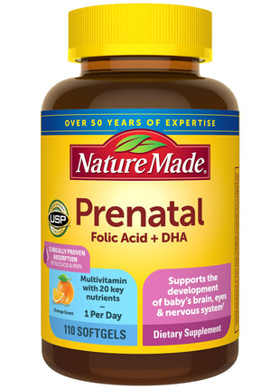 Nature Made Prenatal Vitamins for Women with Folic Acid + DHA, 110 Softgels | Prenatal Vitamin and Mineral Supplement for Daily Nutritional Support, With Folic Acid and 19 Other Nutrients, 110 Day Supply