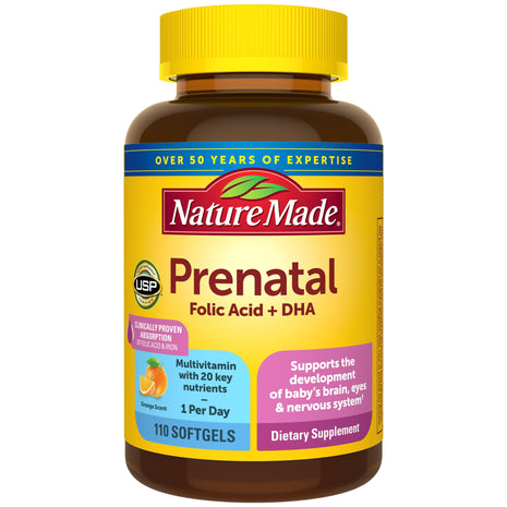 Nature Made Prenatal Vitamins for Women with Folic Acid + DHA, 110 Softgels | Prenatal Vitamin and Mineral Supplement for Daily Nutritional Support, With Folic Acid and 19 Other Nutrients, 110 Day Supply