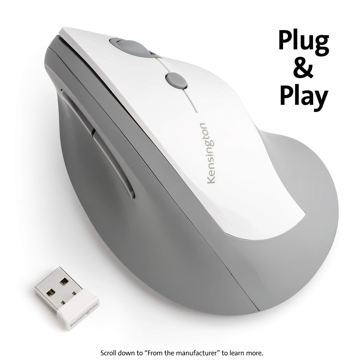 Kensington Pro Fit Ergo Vertical Wireless Mouse- Gray, White