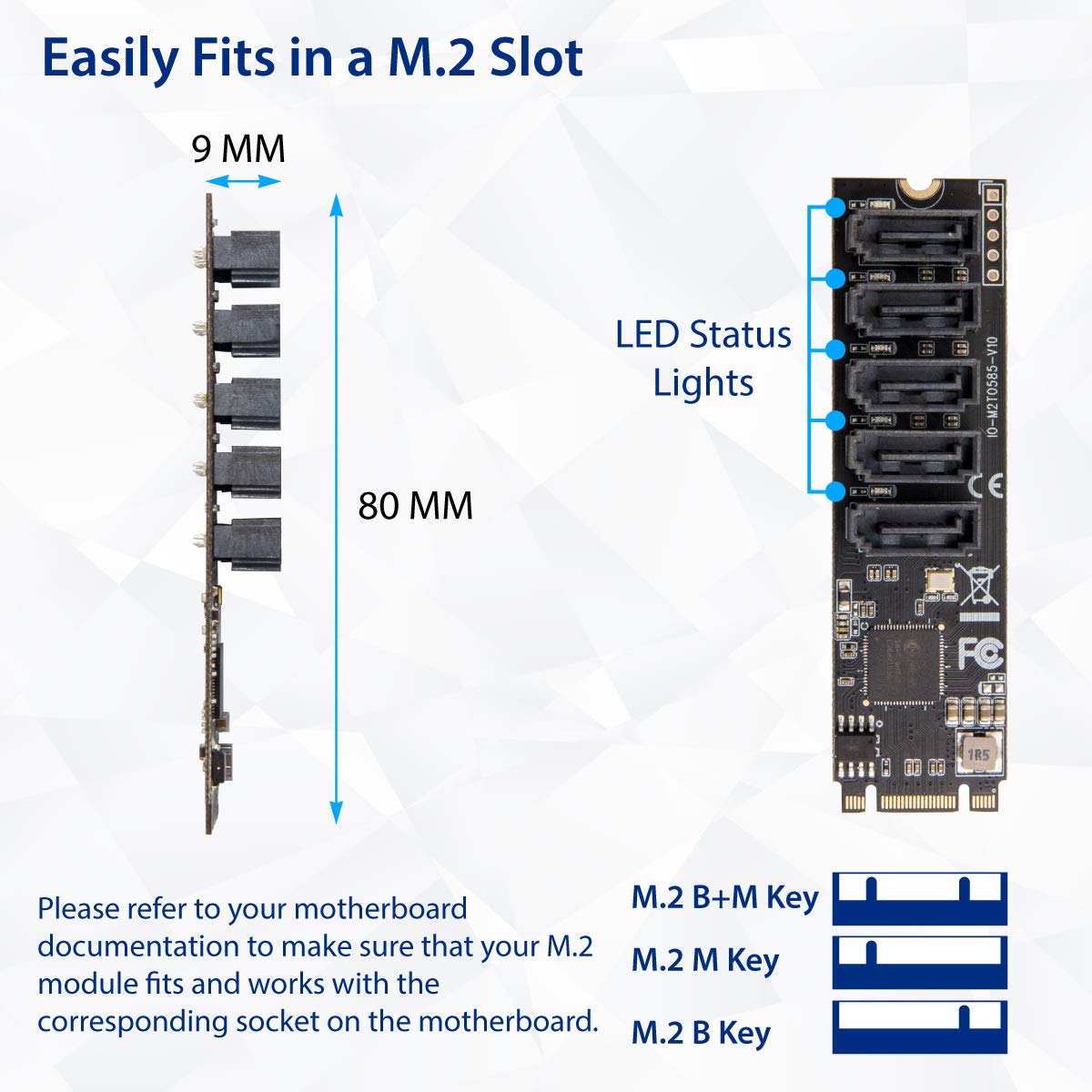 IO CREST Internal 5 Port Non-RAID SATA III 6GB/s M.2 B+M Key Adapter Card for Desktop PC Support SSD and HDD. JMB585 Chipset