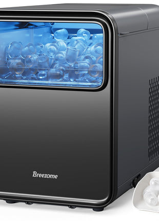 BREEZOME Ice Maker Countertop, Self-Cleaning Ice Machine, 9 Cubes in 6 Mins, 26.5lbs in 24Hrs, Compact Ice Maker with Basket & Scoop, Quiet Operation, 2 Sizes of Bullet Ice for Home Kitchen Camping RV