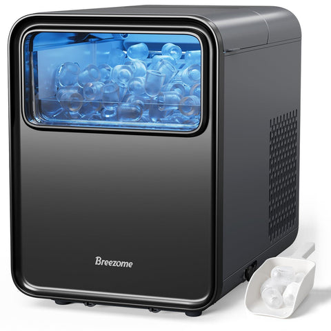BREEZOME Ice Maker Countertop, Self-Cleaning Ice Machine, 9 Cubes in 6 Mins, 26.5lbs in 24Hrs, Compact Ice Maker with Basket & Scoop, Quiet Operation, 2 Sizes of Bullet Ice for Home Kitchen Camping RV