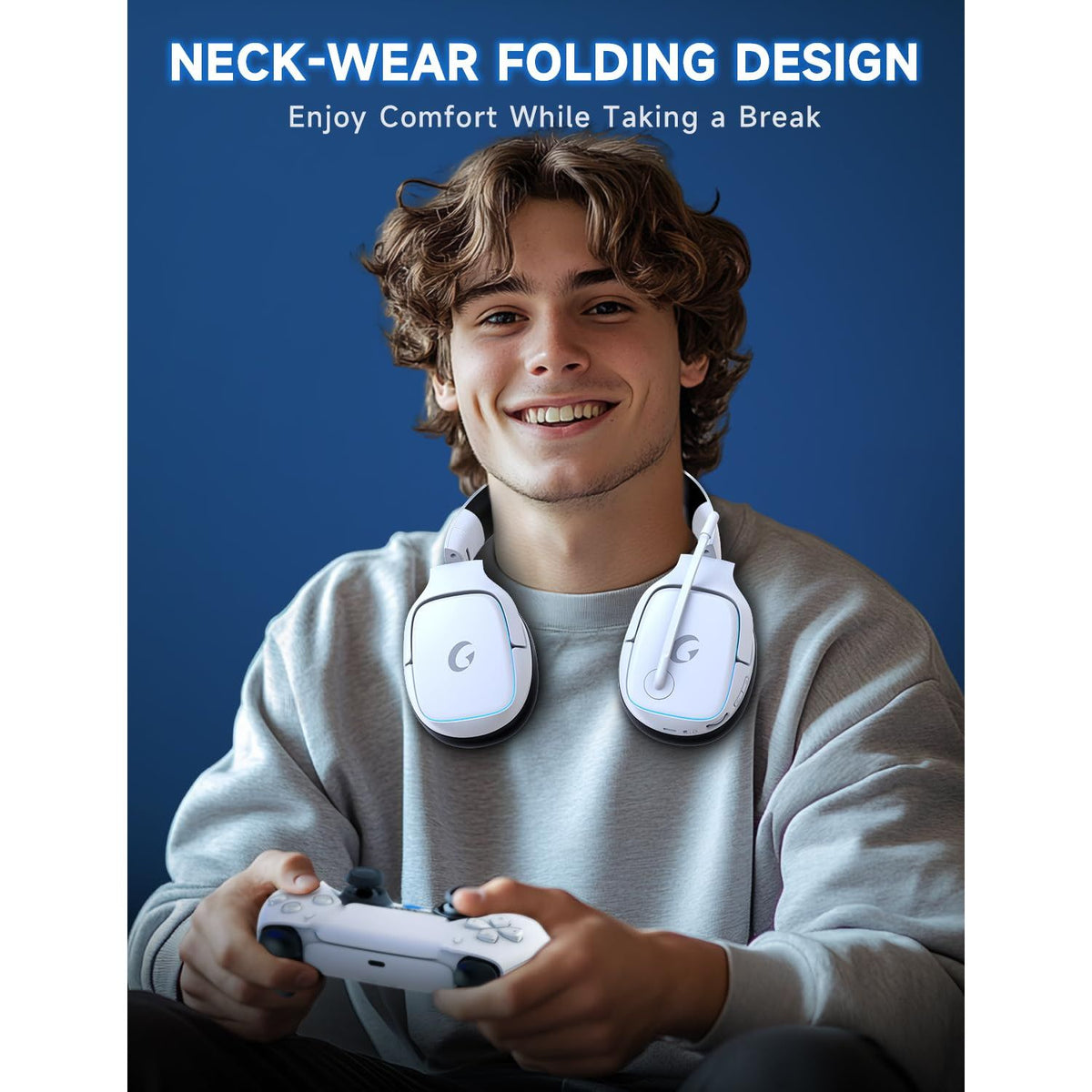 Gvyugke 2.4GHz Wireless Gaming Headsets for PS5, PS4, PC, Switch - Bluetooth 5.3 Gaming Headphones with Noise Canceling Mic, 7.1 Surround Sound, 70H Battery, Blue Lighting - White