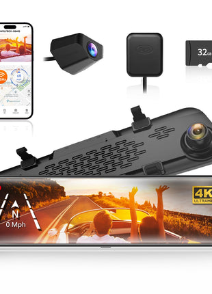 WOLFBOX G840S 12" 4K Mirror Dash Cam Backup Camera, 5.8GHz WiFi Smart Rearview Mirror for Cars & Trucks, Front and Rear View Dual Cameras, Night Vision, Parking Assistance, Included 32GB Card & GPS