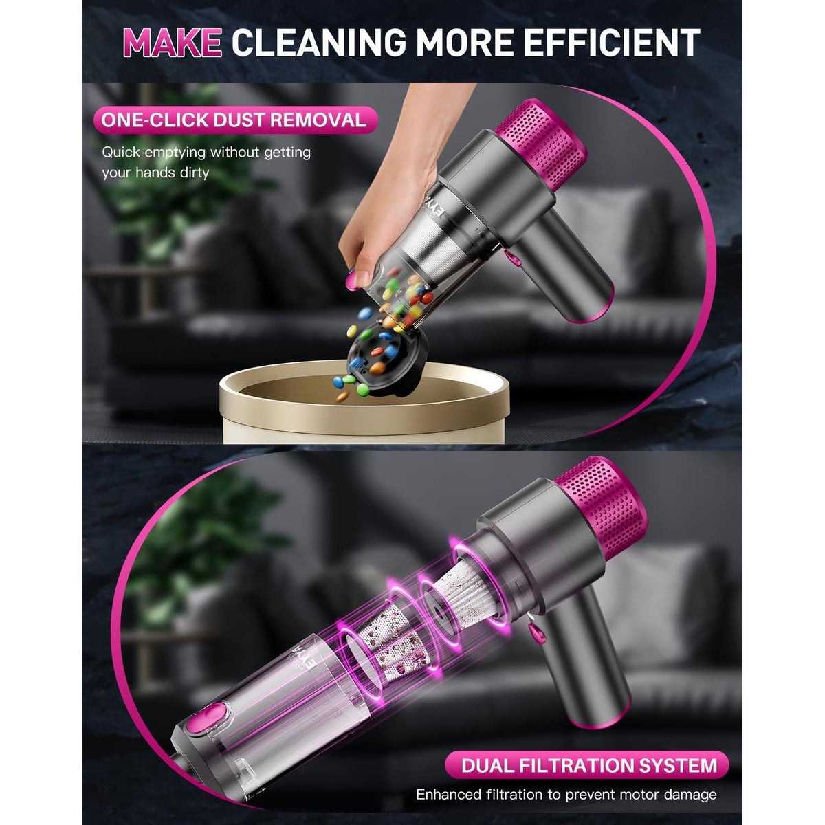 EYYA Handheld Car Vacuum Cleaner Cordless, 15000PA High Power Car Vacuum Cleaner & Air Duster, 4-in-1 Portable Mini Car Vacuum Cleaner with LED Light, Hand Held Vacuum Cleaner for Car Home Office