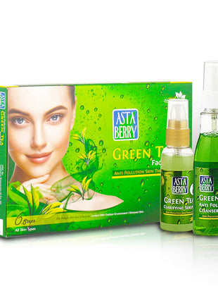 Astaberry Green Tea Facial Kit 6 Steps For All Skin Types - Anti Pollution Skin Care | Skin elasticity | Fights skin damage & Relaxing and Soothing | With Neem & Olive