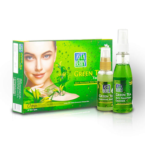 Astaberry Green Tea Facial Kit 6 Steps For All Skin Types - Anti Pollution Skin Care | Skin elasticity | Fights skin damage & Relaxing and Soothing | With Neem & Olive
