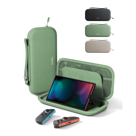 Belkin Nintendo Switch 2 Case, Travel Bag w/AirTag Holder & Storage Pocket for Up to 12 Game Cards - Portable, Lightweight Carrying Case w/Hard Shell, Soft Interior, Switch 2 Accessories - Sage
