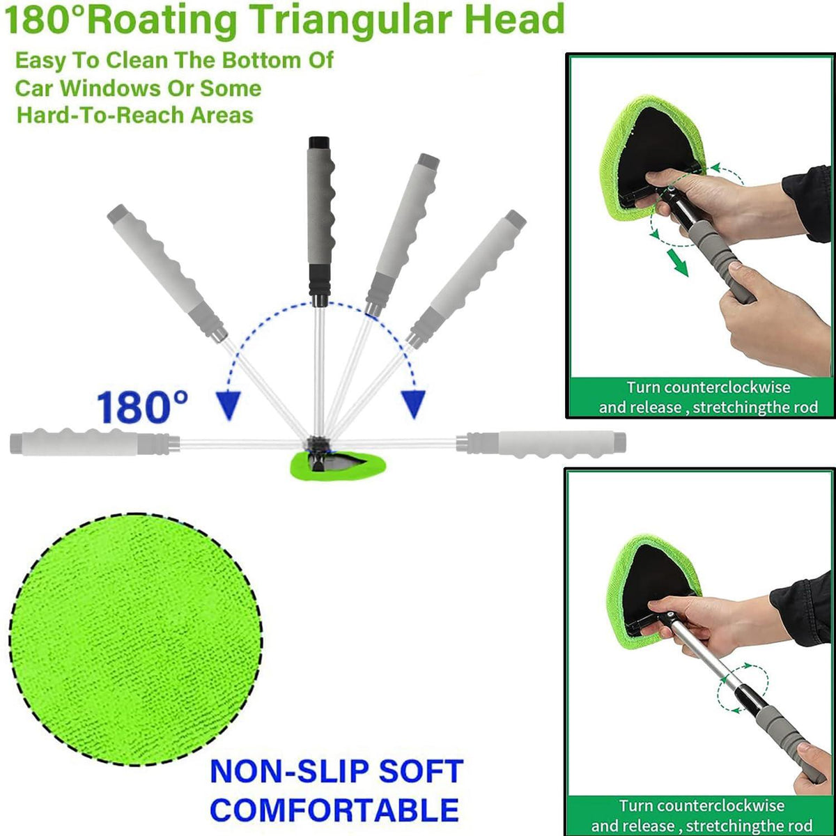 Windshield Cleaning Tool - Extendable Handle Car Window Cleaner with 4 Reusable Cloth Pads, Auto Glass Wiper Kit for Interior & Exterior, Ideal for Dirty Car Windows