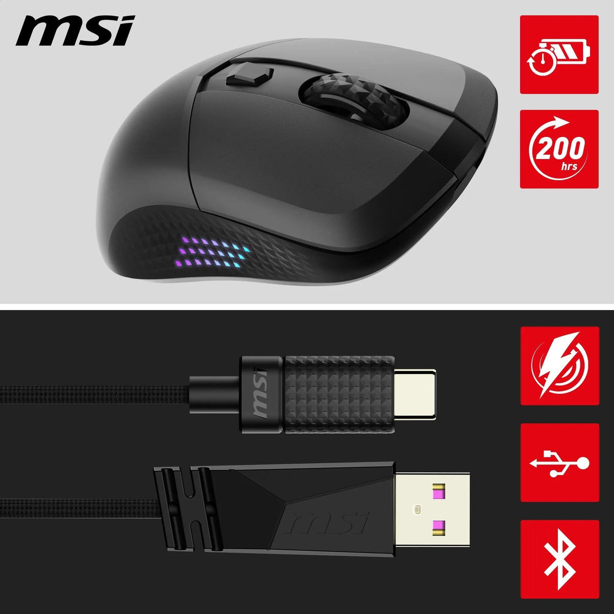 MSI VERSA 300 ELITE WIRELESS Gaming Mouse - 26000 DPI Optical Sensor, 1000 Hz polling rate, Symmetrical, 60M+ Click OMRON Switches, 6 Buttons, 200-Hour Battery, 1ms Latency, RGB, 65g - Wired/Wireless