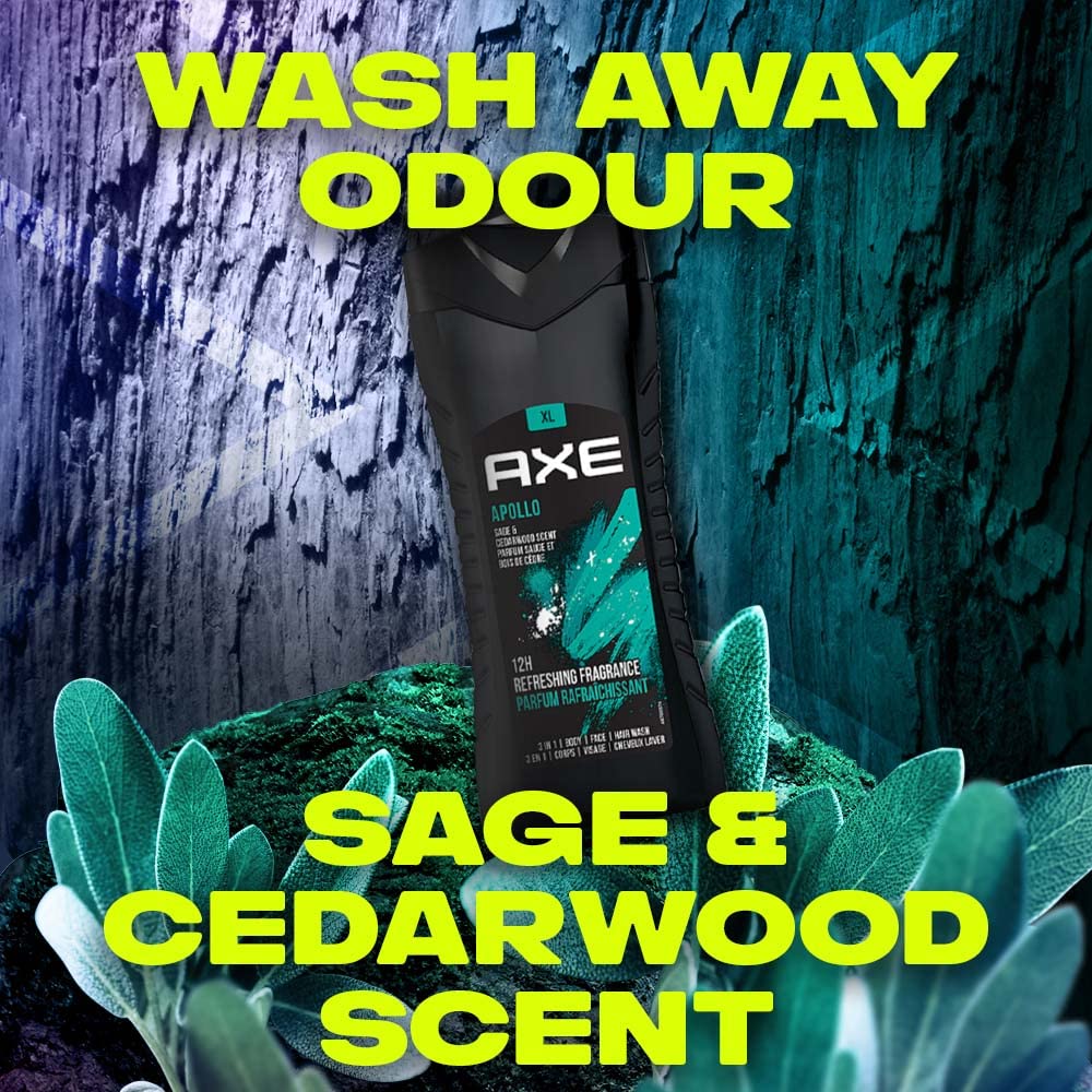 Axe Apollo 3 In 1 Body, Face & Hair Wash For Men, Long-Lasting Refreshing Sage & Cedarwood Fragrance For Upto 12Hrs, Natural Origin Ingredients, Removes Odor & Bacteria, No Parabens, 400ml