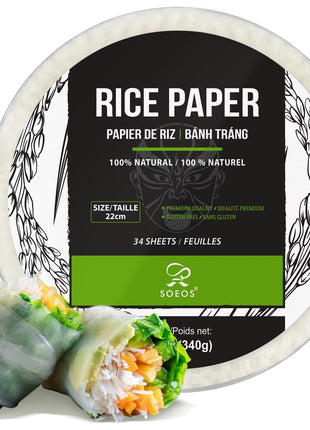 Soeos Rice Paper, White Rice Paper Wrappers, 1 Pack, 34 Sheets Fresh Spring Roll Wrappers & Dumplings, Non GMO, Gluten Free, Low Carb, Vietnamese Rice Wraps (Round, 22cm)