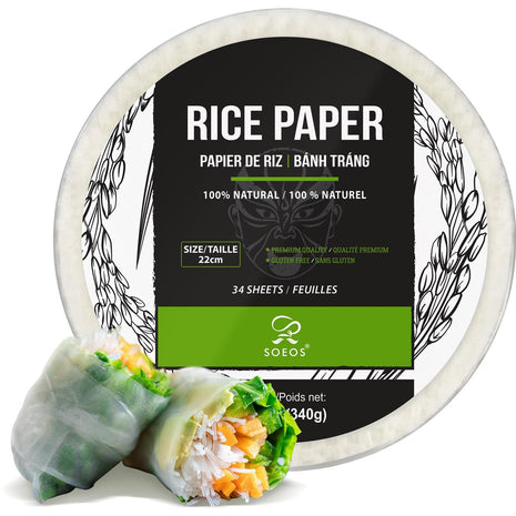 Soeos Rice Paper, White Rice Paper Wrappers, 1 Pack, 34 Sheets Fresh Spring Roll Wrappers & Dumplings, Non GMO, Gluten Free, Low Carb, Vietnamese Rice Wraps (Round, 22cm)