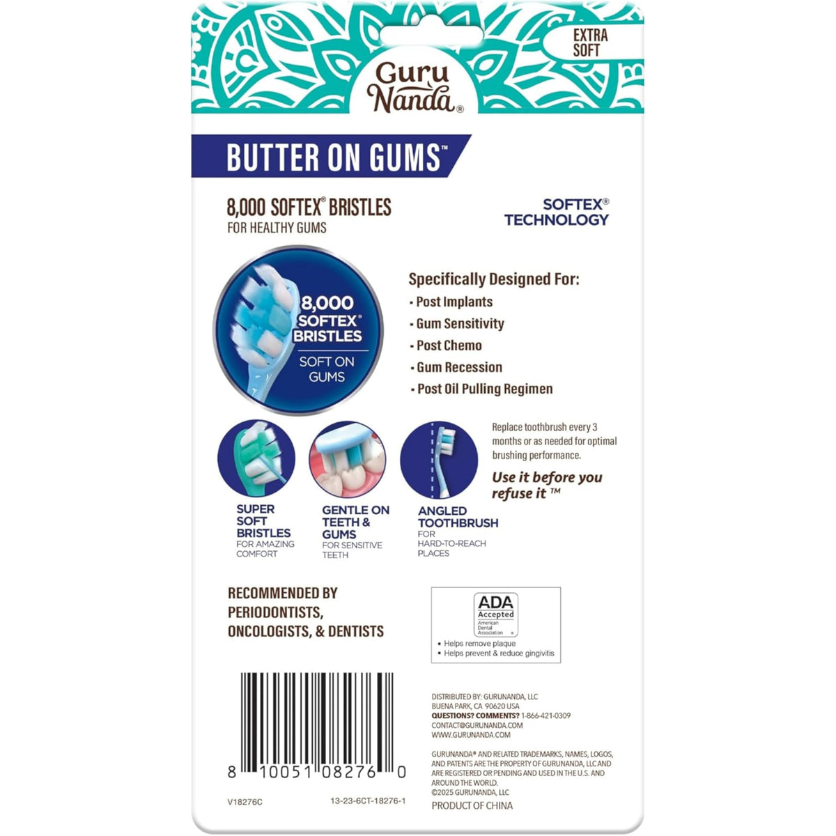 GuruNanda Butter On Gums Toothbrush, ADA Accepted, With 8000+ Ultra Soft Softex Bristles for Sensitive & Receding Gums, Perfect for Whiter Teeth, 6 Ct