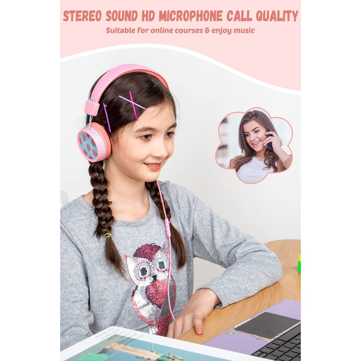 New bee Kids Headphones Wired for School with Microphone KH20 HD Stereo Safe Volume Limited 85dB/94dB Foldable Lightweight for Girl/Mac/Android/Kindle/Tablet/Pad (Pink)