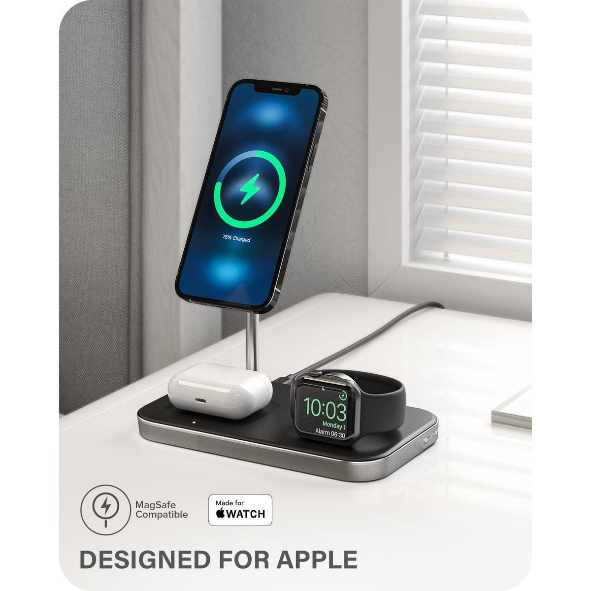 ALOGIC MagSpeed 3-in-1 Wireless Charging Station, MagSafe Compatible for iPhone 15/14/13/12 Series, Wireless Charging Enabled AirPods Case & All Apple Watch Models, LED Indicator, Certified Safe.