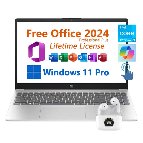 HP 15.6 inch Business Laptop, Free Microsoft Office 2024 Lifetime License, Copilot AI Chat, HD Touchscreen Display, Intel 6-Core i3-1215U 4.4 GHz, 16GB RAM, 1TB SSD, Long Battery Life, Windows 11 Pro
