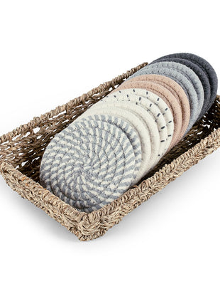 12 Pcs Cotton Woven Coasters for Drinks with Basket (Grey) | 4.3" absorbent cotton woven coasters with 0.35" thick design; helps protect wooden tables from heat, moisture and cup marks